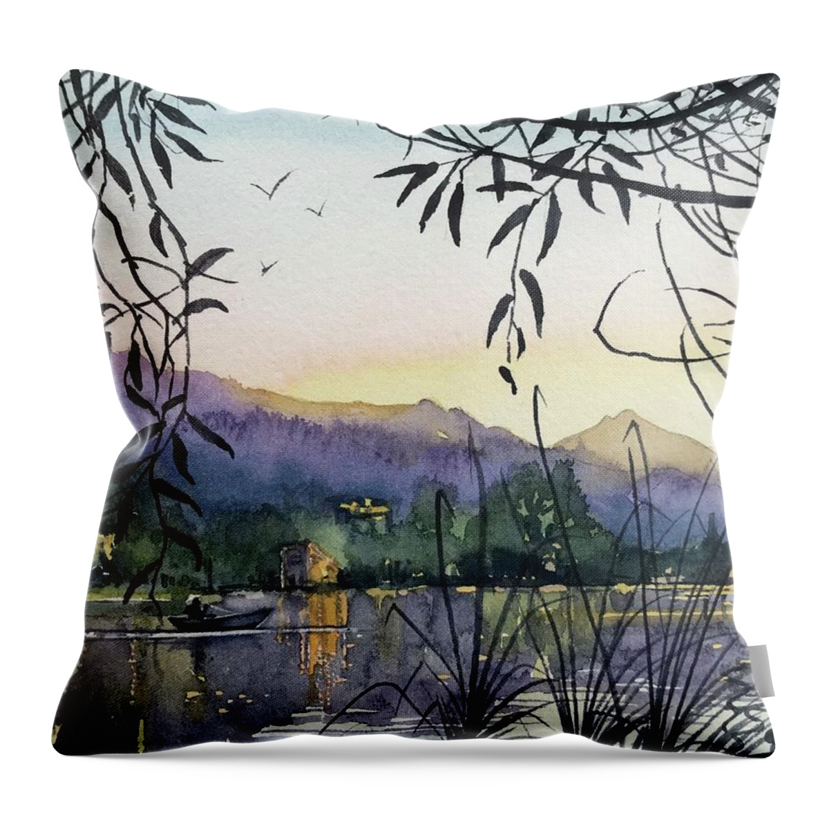 Santa Monica Throw Pillow featuring the painting Fishing on Malibou Lake by Luisa Millicent