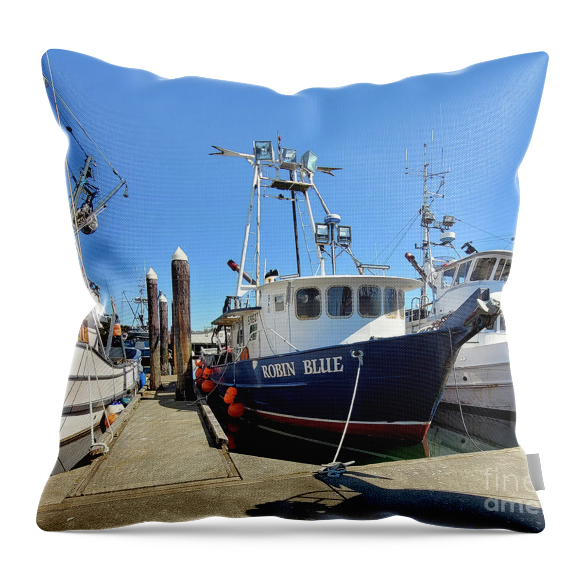 Fishing Vessel Robin Blue Moored By Norma Appleton Throw Pillow featuring the photograph Fishing Vessel Robin Blue Moored by Norma Appleton