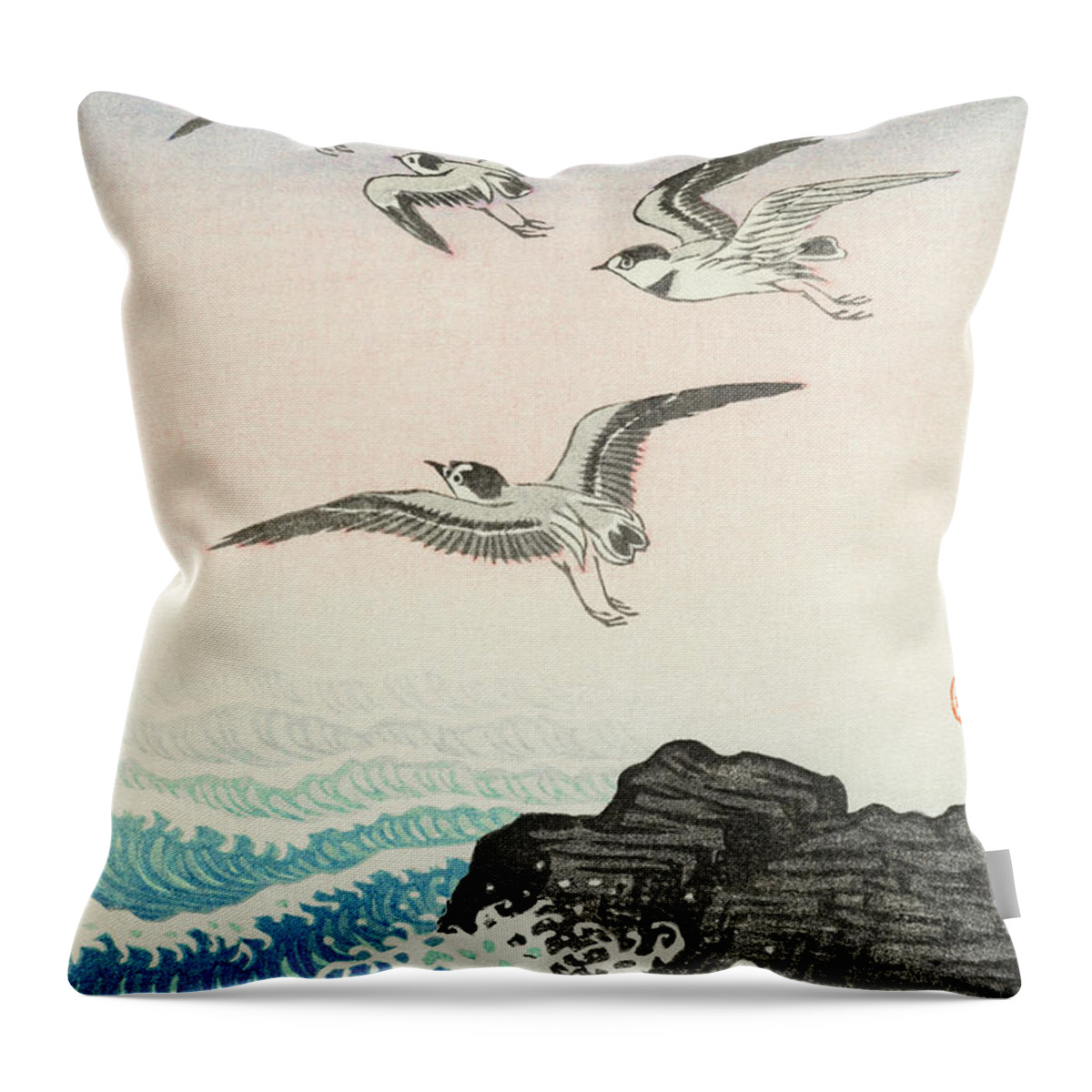 Birds Throw Pillow featuring the painting Five seagulls above the sea by Ohara Koson