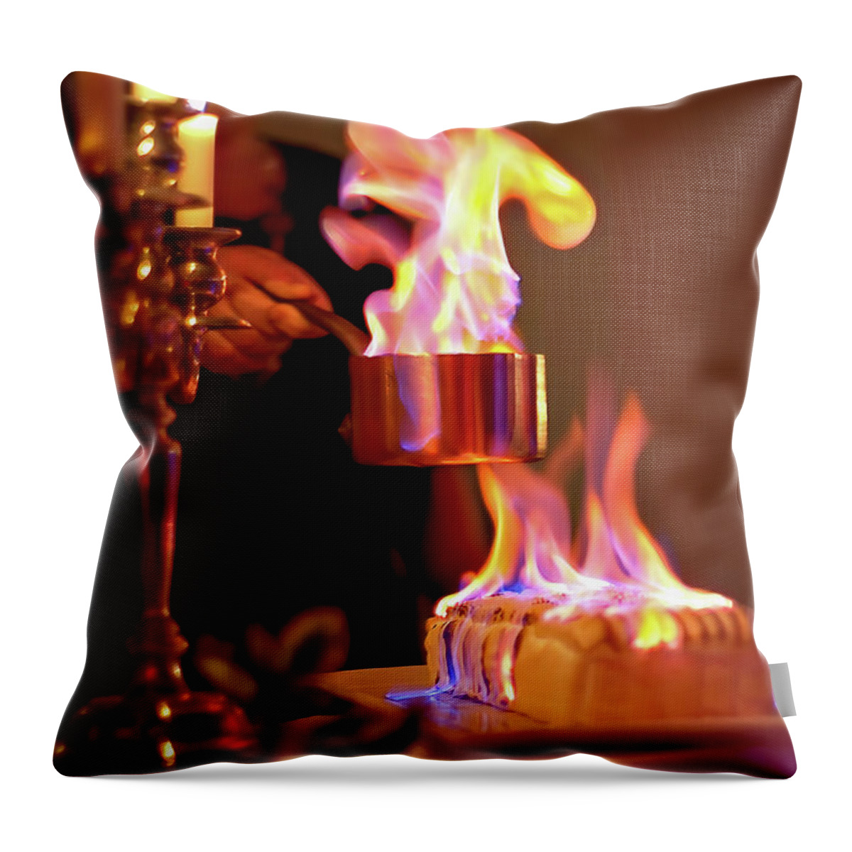 Alcohol Throw Pillow featuring the photograph Flambeed Norwegian omelet, Baked Alaska by Jean-Luc Farges