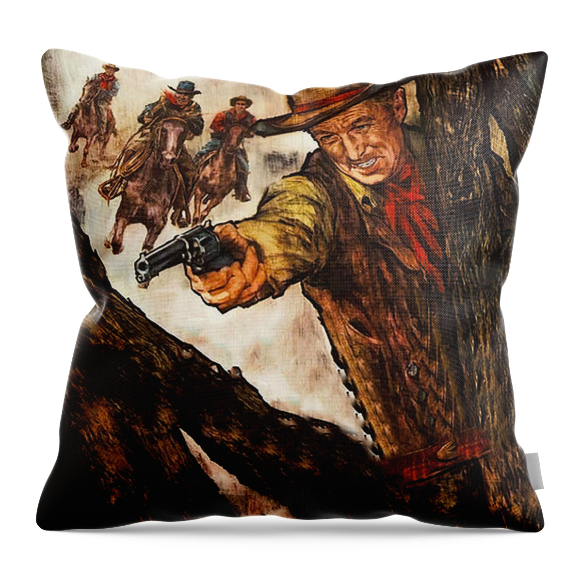 Flaming Throw Pillow featuring the painting ''Flaming Leather'', 1952, movie poster painting by Movie World Posters