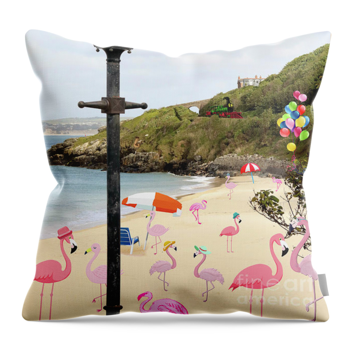 Pink Throw Pillow featuring the photograph Flamingo Party in St Ives by Terri Waters
