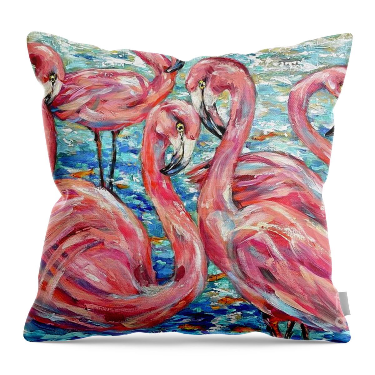 Island Throw Pillow featuring the painting Flamingoes and Goldfish by Linda Olsen