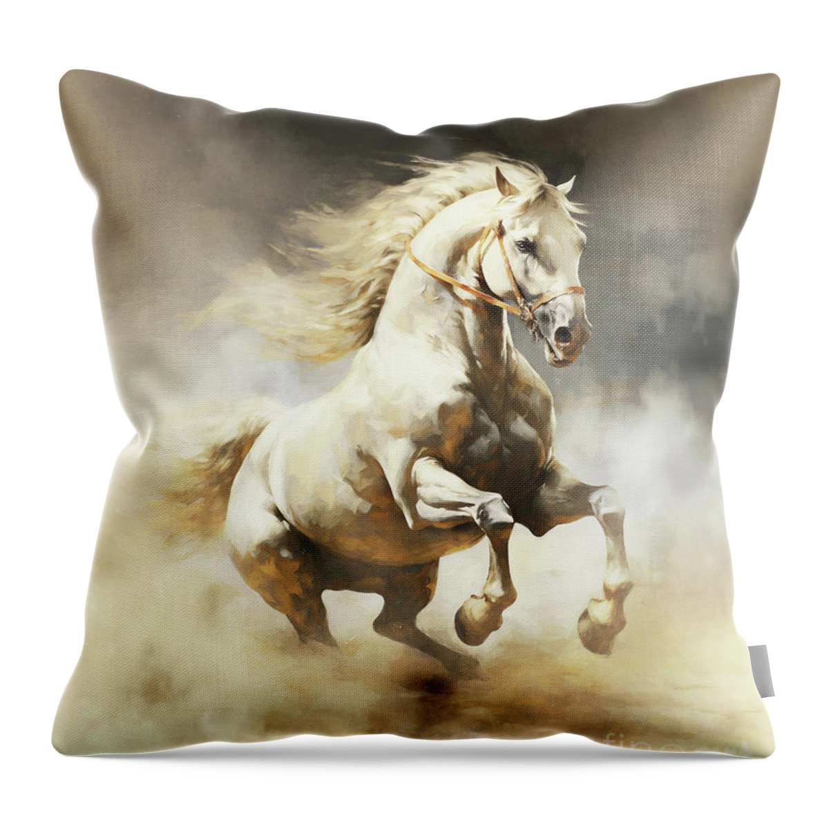 White Horse Throw Pillow featuring the digital art Fleet horse in wind storm by Shanina Conway