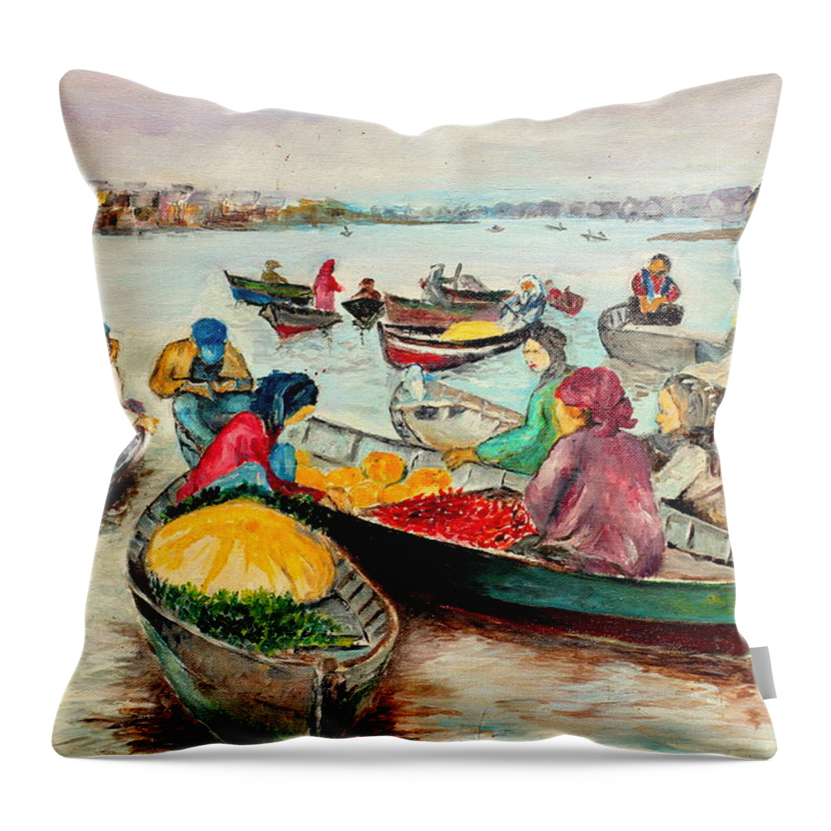 River Throw Pillow featuring the painting Floating Market by Jason Sentuf