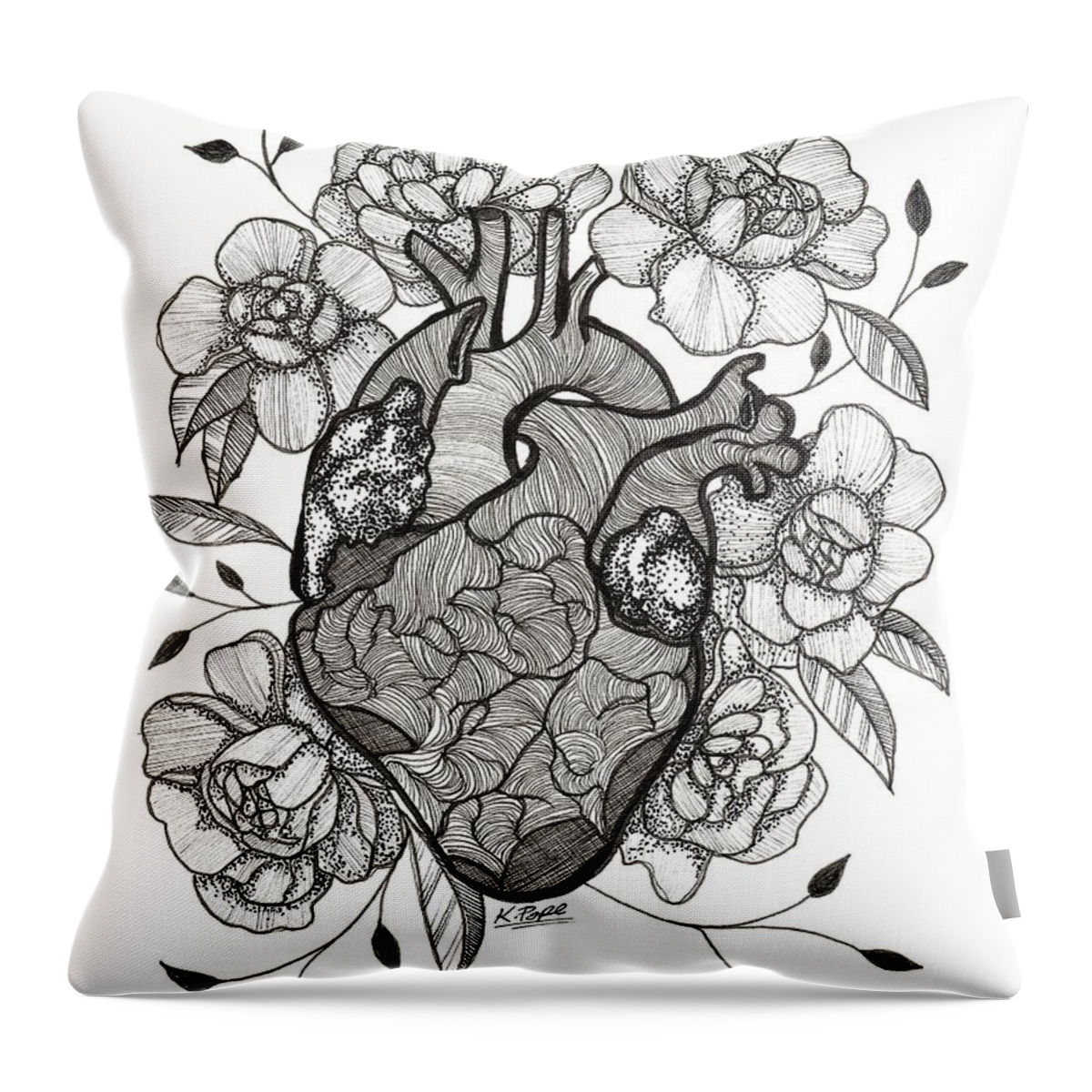 Autonomically Throw Pillow featuring the mixed media Floral Resilience Autonomically Correct Heart BW by Kathy Pope