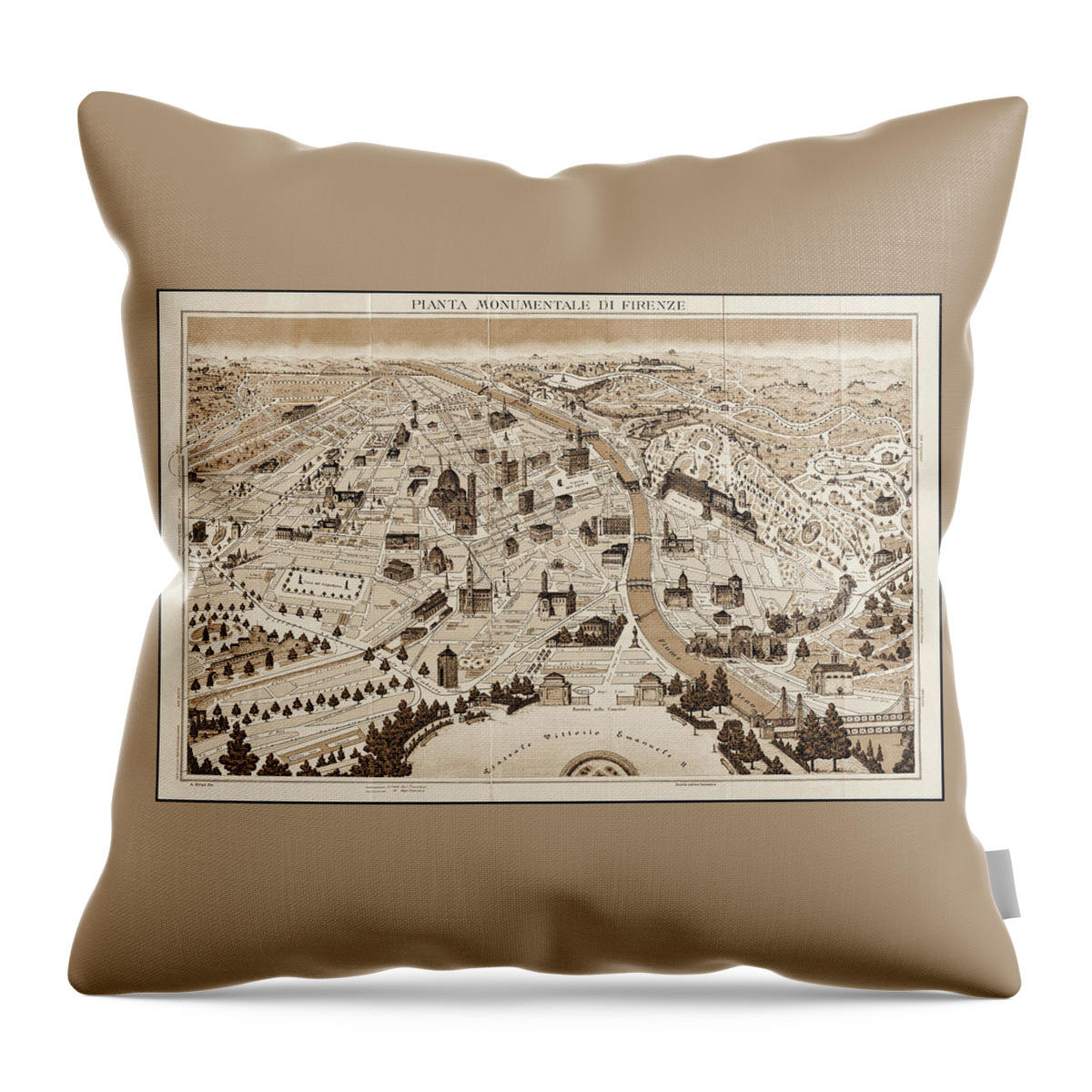 Florence Throw Pillow featuring the photograph Florence Italy Vintage Pictorial Map 1890 Sepia by Carol Japp