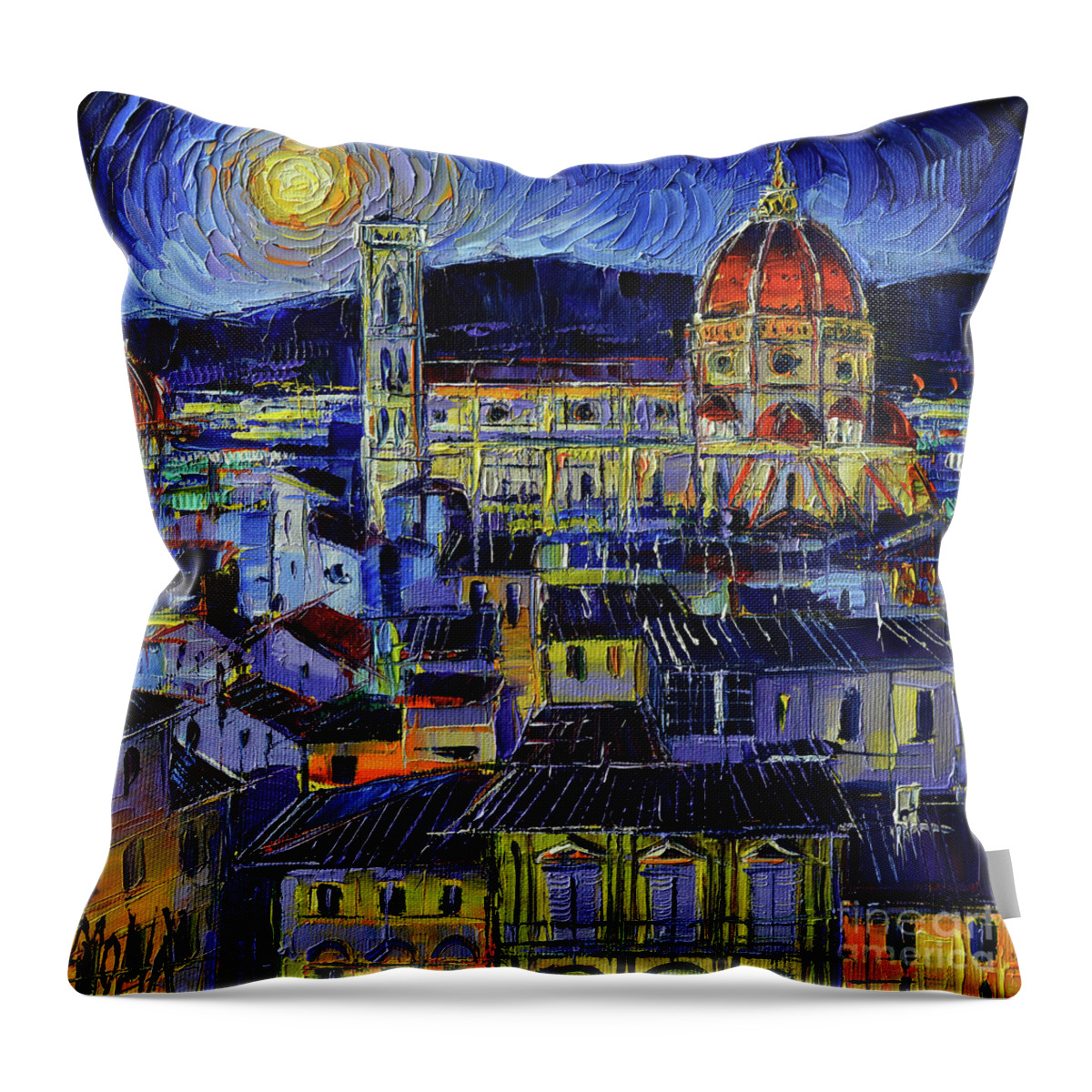 Florence Throw Pillow featuring the painting FLORENCE NIGHT LIGHTS palette knife oil painting Mona Edulesco by Mona Edulesco