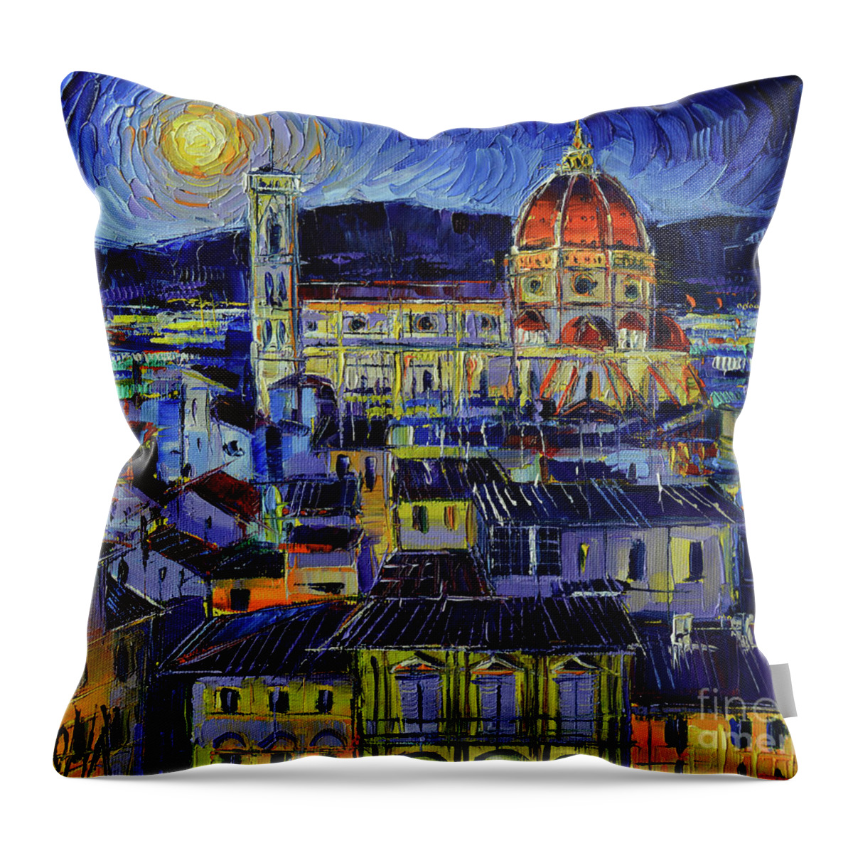 Florence Throw Pillow featuring the painting Florence Rooftops And Duomo Night View by Mona Edulesco