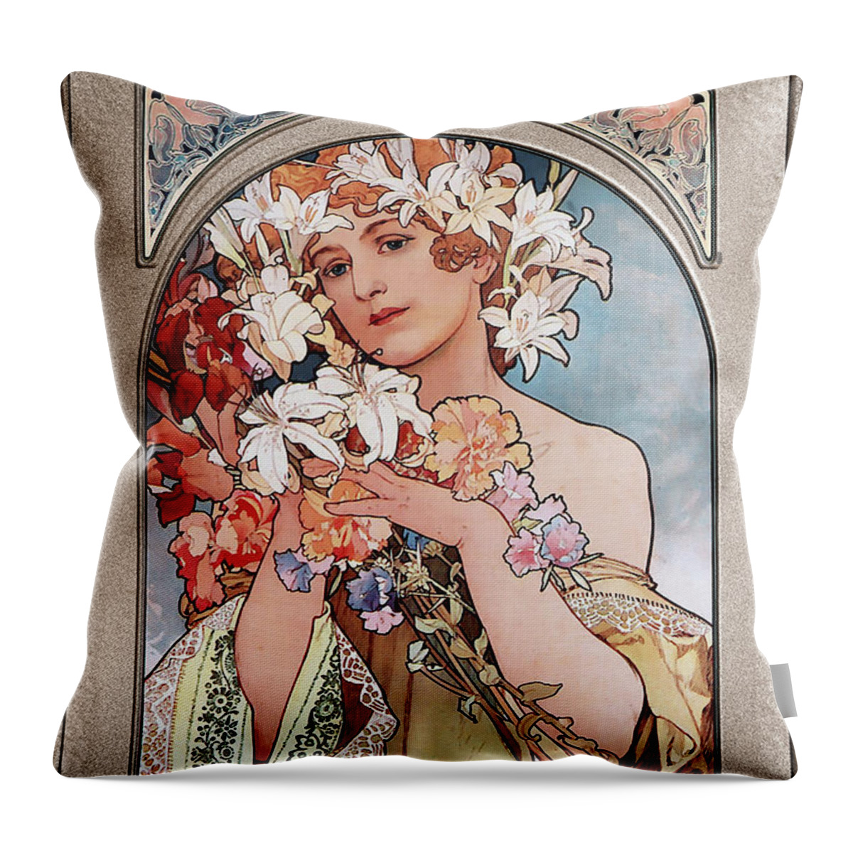 Flower Throw Pillow featuring the painting Flower by Alphonse Mucha Art Nouveau Vingtage Art by Rolando Burbon