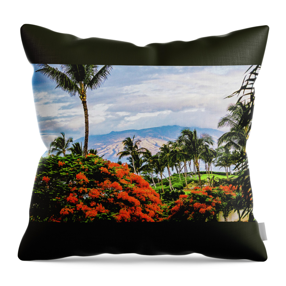 Hawaii Throw Pillow featuring the photograph Flowers and Volcano by Gordon Sarti