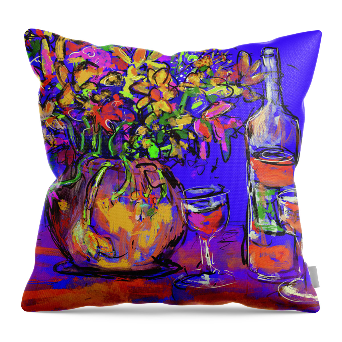 Blue Throw Pillow featuring the digital art Flowers and wine by Jeremy Holton