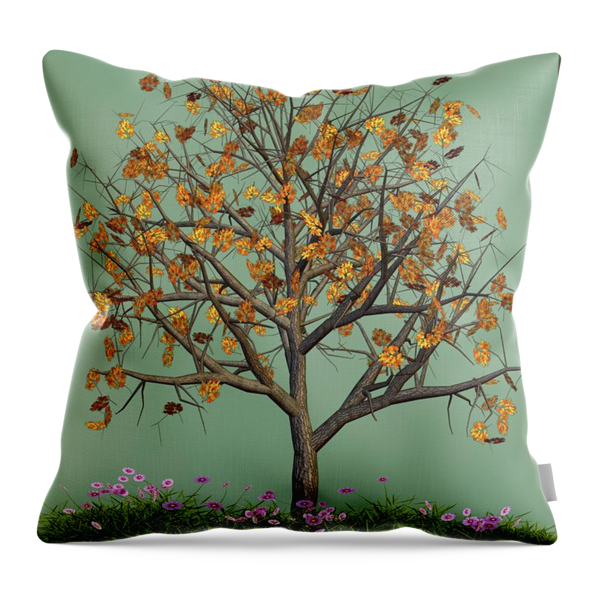 Autumn Throw Pillow featuring the mixed media Flowers Beneath The Autumn Tree by David Dehner