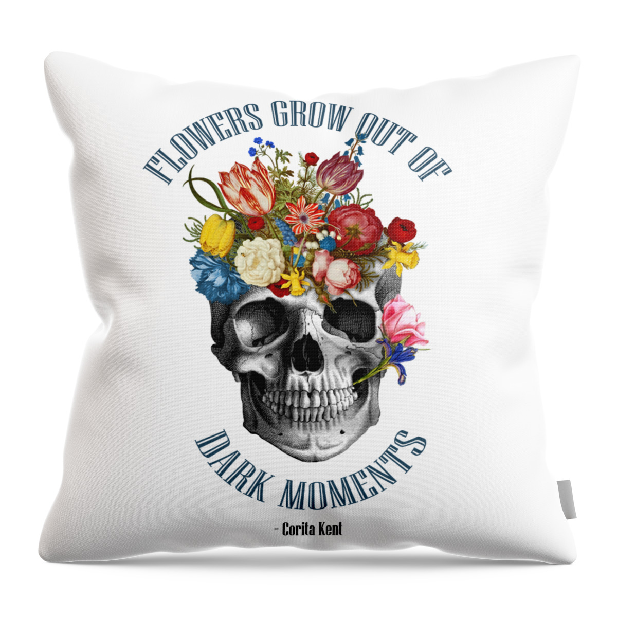 Skull Throw Pillow featuring the digital art Flowers grow out of dark moments skull by Madame Memento