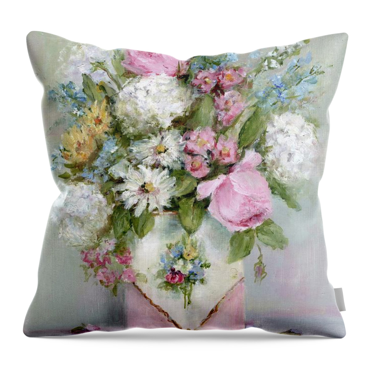 Vintage Throw Pillow featuring the painting Flowers in a Vintage Pink Tin by Gail McCormack