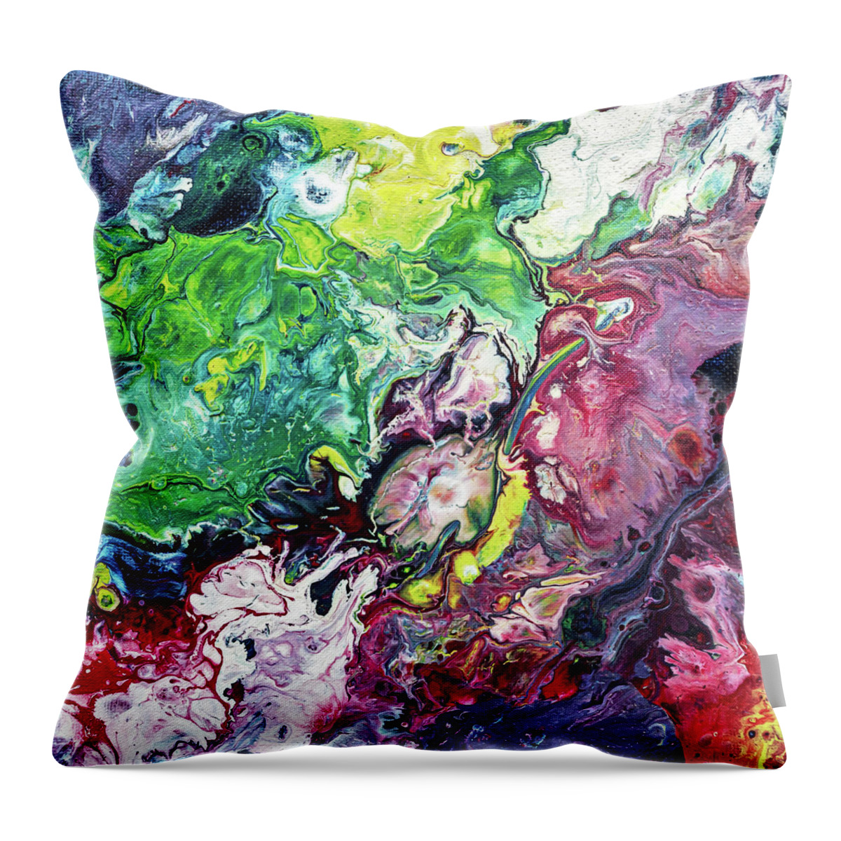 Fluid Throw Pillow featuring the painting Fluid Abstract Purple Green by Maria Meester