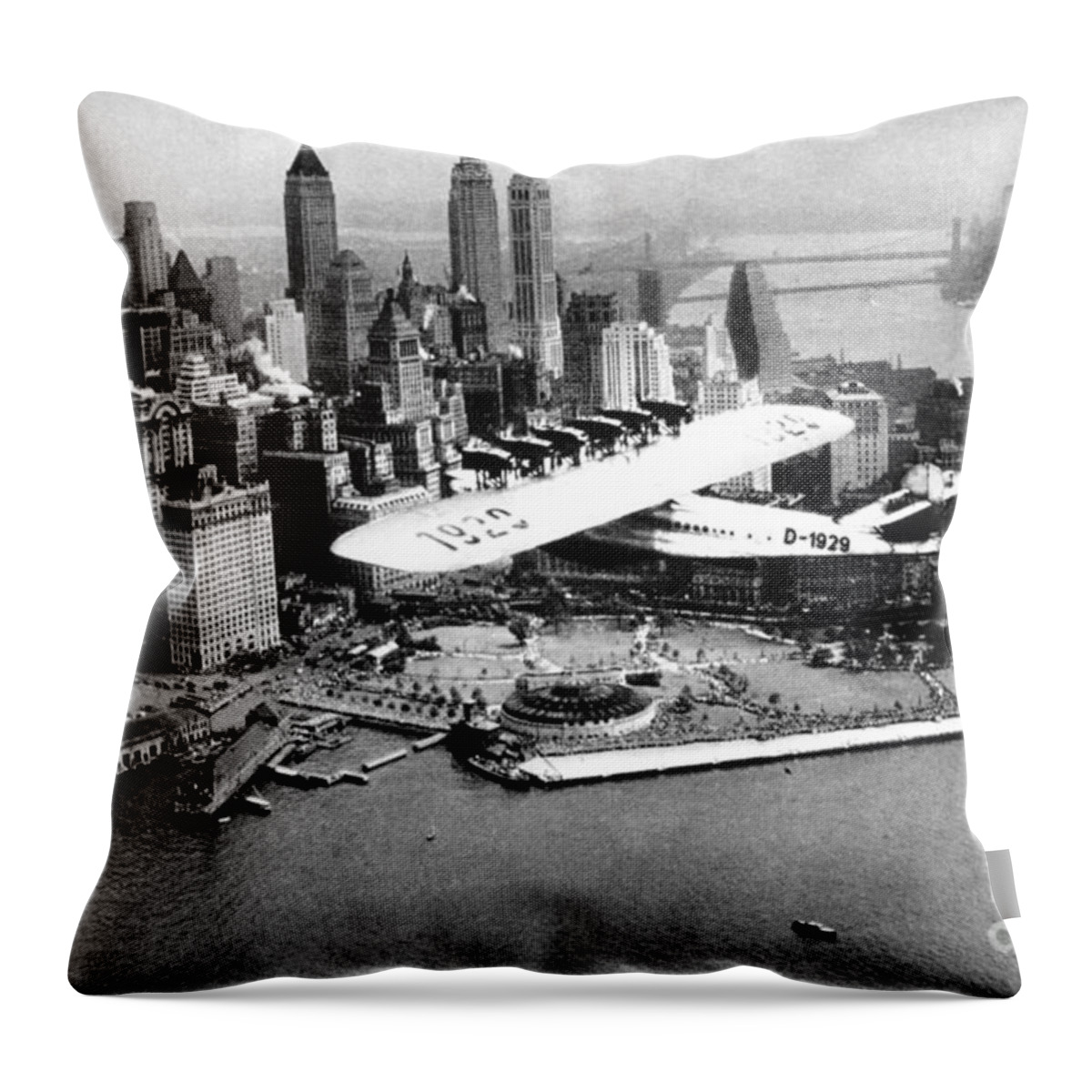 1930 Throw Pillow featuring the photograph FLYING BOAT - NEW YORK CITY, c1930 by Granger