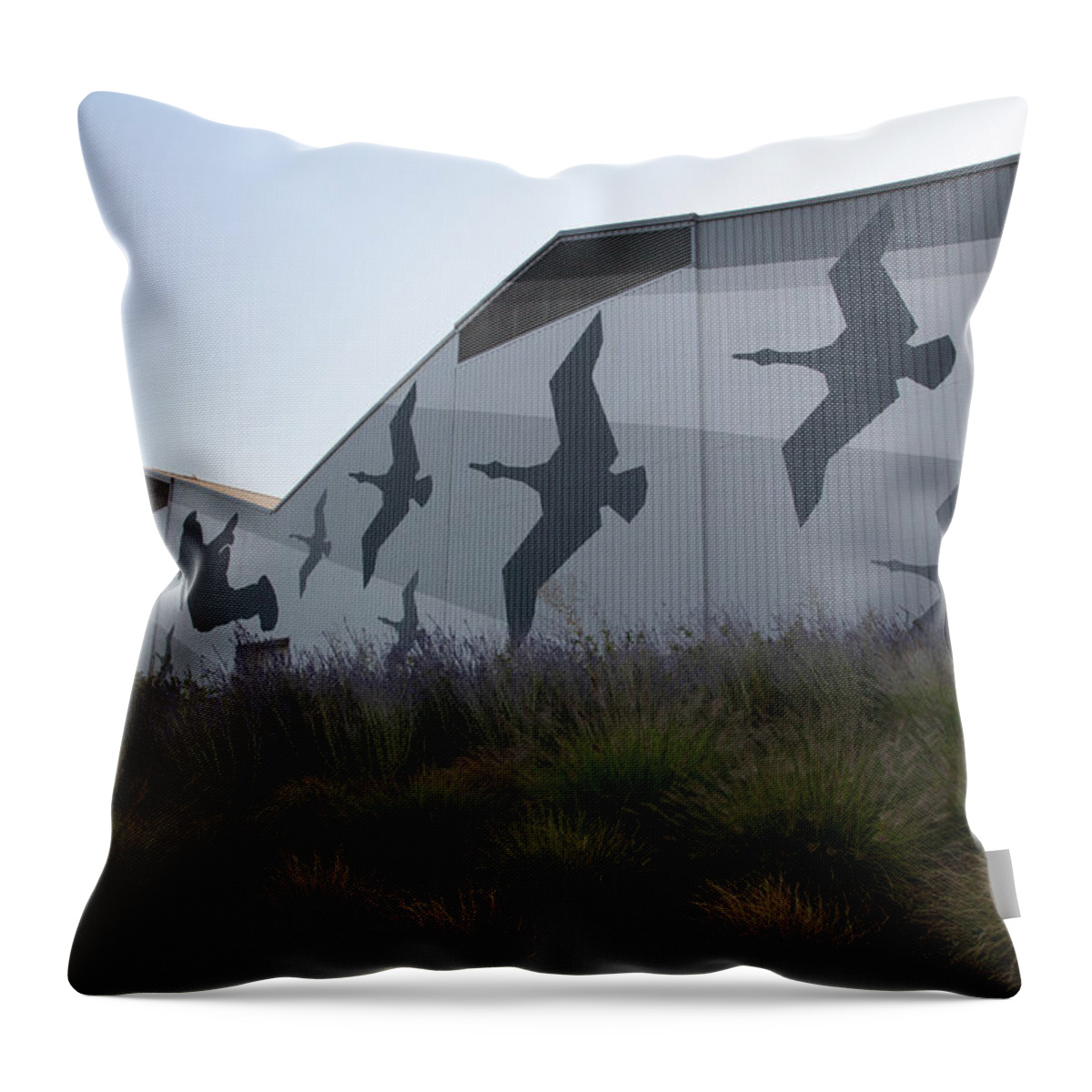 University Of Oregon Ducks Throw Pillow featuring the photograph Flying ducks on the side of a building at the University of Oregon by Eldon McGraw