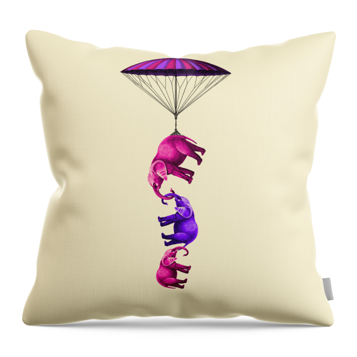 Elephant Throw Pillow featuring the digital art Flying elephants in pink and purple by Madame Memento