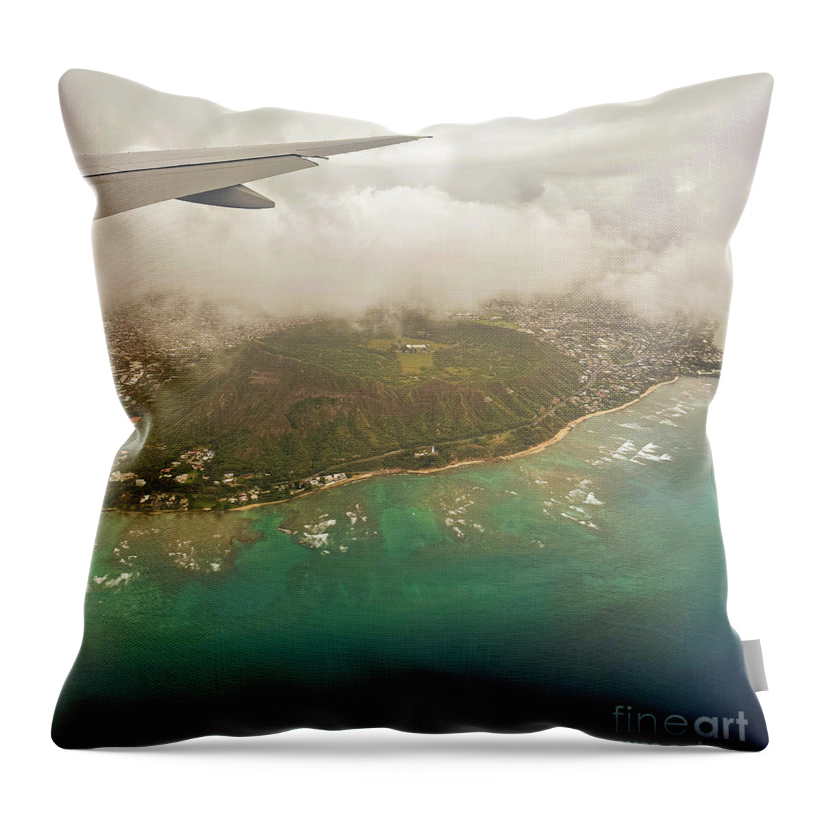 Diamond Head Throw Pillow featuring the photograph Flying Over Diamond Head Honolulu Hawaii by THP Creative