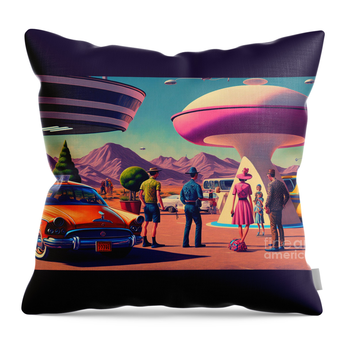 Flying Throw Pillow featuring the mixed media Flying Saucer Frenzy IX by Jay Schankman