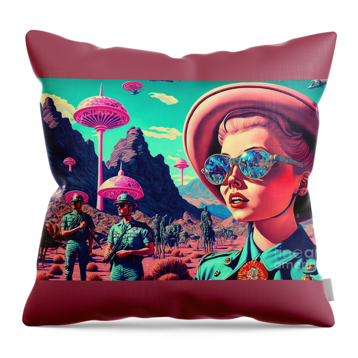 Flying Throw Pillow featuring the mixed media Flying Saucer Frenzy XII by Jay Schankman