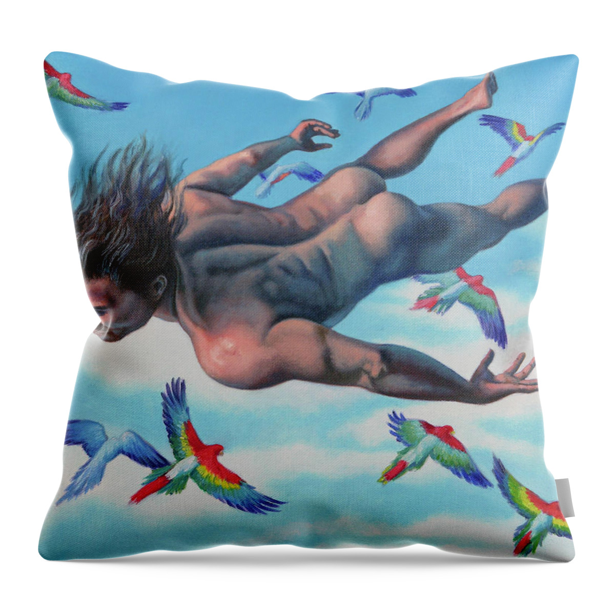 Flying Throw Pillow featuring the painting Flying with Parrots by Miguel Tio