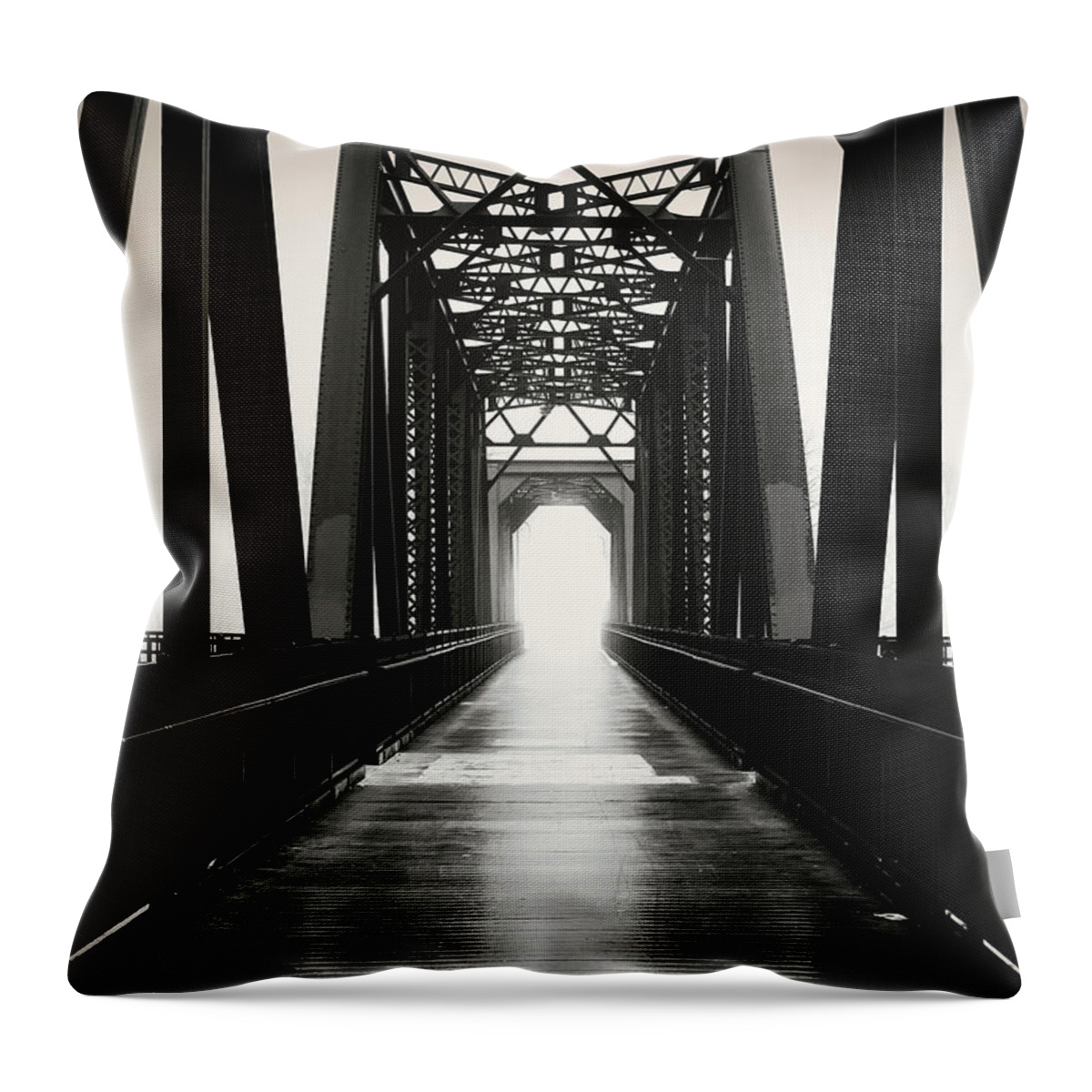 Architecture; Bridge; Weather; Fog; Lewiston; Auburn; Maine; Industrial; Black And White; Urban; City; Bob Orsillo; Copyright Bob Orsillo All Rights Reserved; Orsillo; Photograph; Photography Throw Pillow featuring the photograph Fog Covers The Old Iron Bridge by Bob Orsillo
