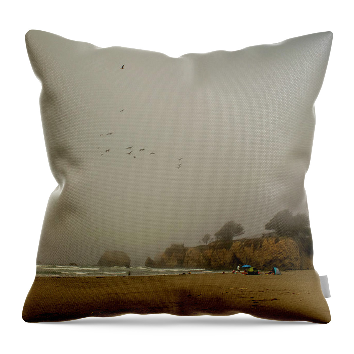 Foggy Beach Day Throw Pillow featuring the photograph Foggy Beach Day by Frank Wilson