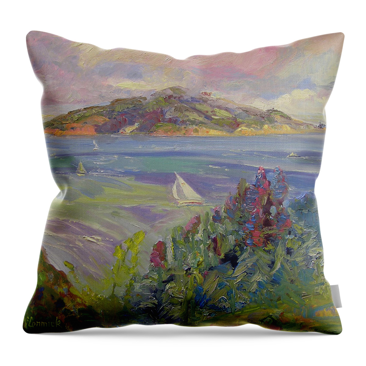 Angel Island Throw Pillow featuring the painting Foggy Day, Angel Island by John McCormick