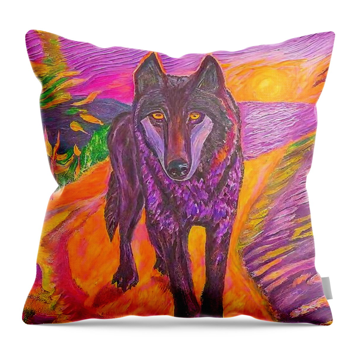 Sunset Throw Pillow featuring the painting For the Love of Being Painting sunset wolf vermont reds and purples lake animal animals art artwork colorful dog drawing eyes fluffy hand drawn husky husky dog illustration nature paint pastel peter by N Akkash