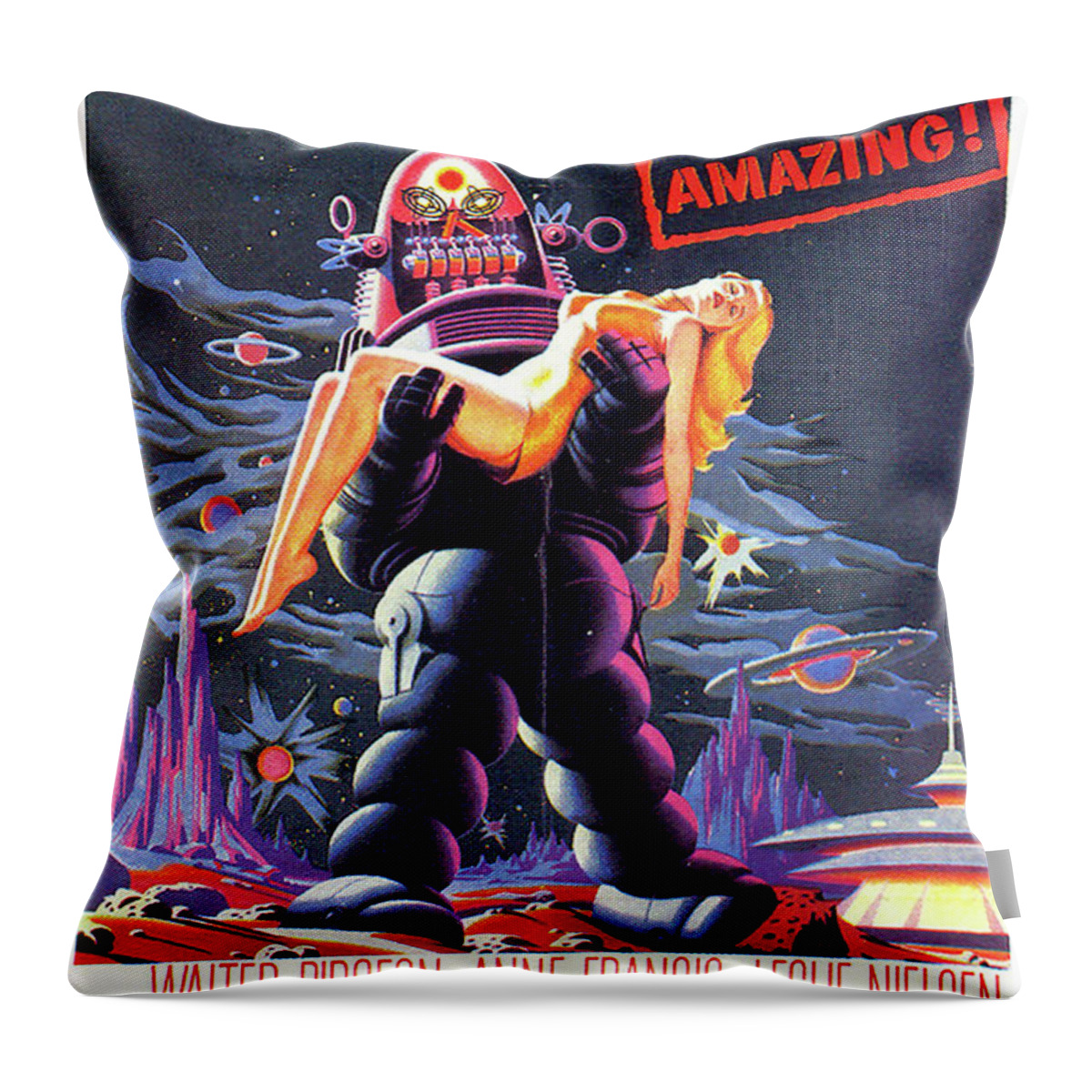 Forbidden Throw Pillow featuring the mixed media ''Forbidden Planet'' movie poster from 1956 by Movie World Posters