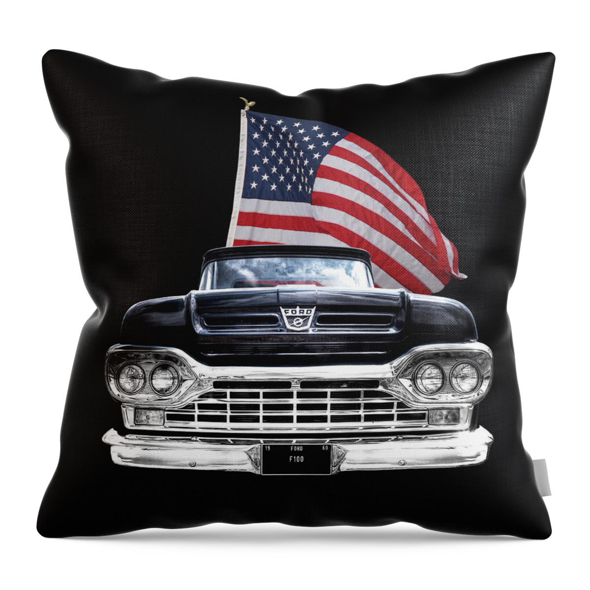 Ford F100 Throw Pillow featuring the photograph Ford F100 With U.S.Flag On Black by Gill Billington