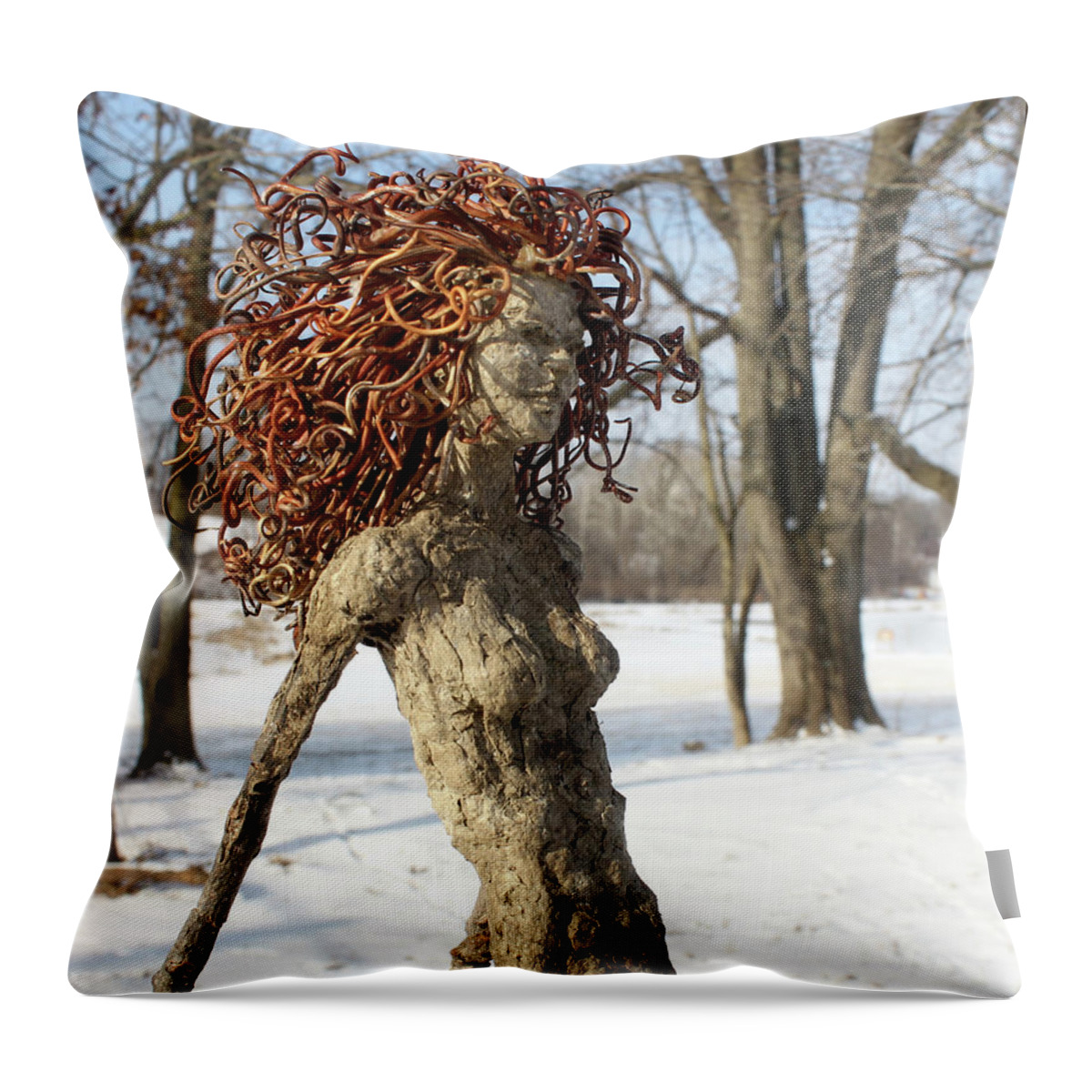 Adam Long Sculpture Throw Pillow featuring the sculpture Forest Figure in the snow by Adam Long