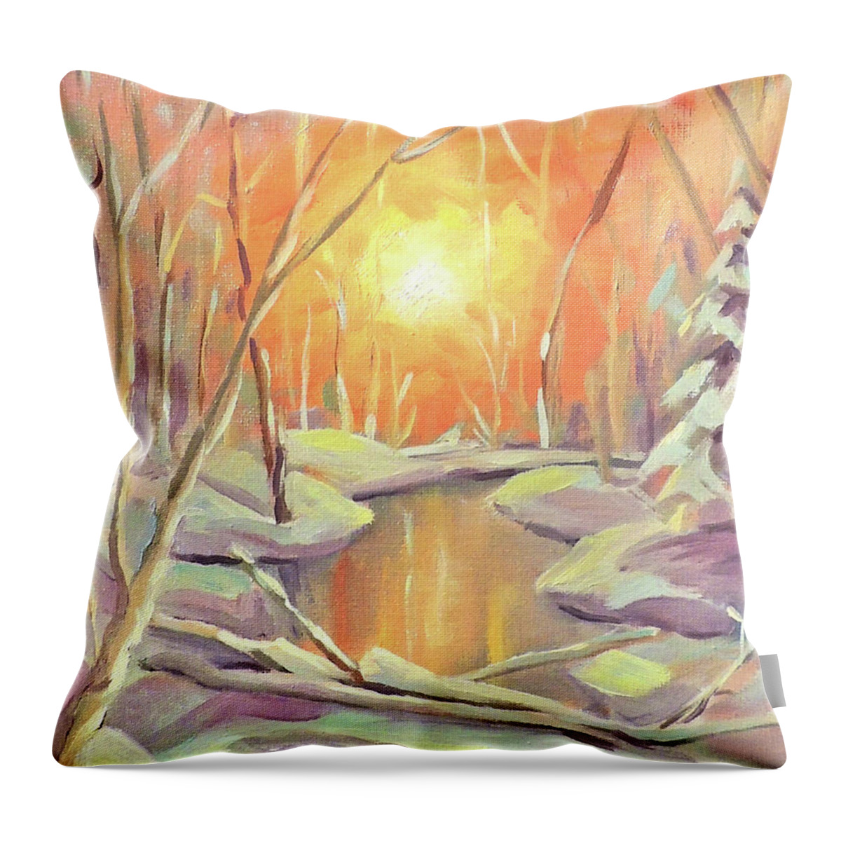 Winter Throw Pillow featuring the painting Forest Sunrise Oil Sketch by Nancy Griswold