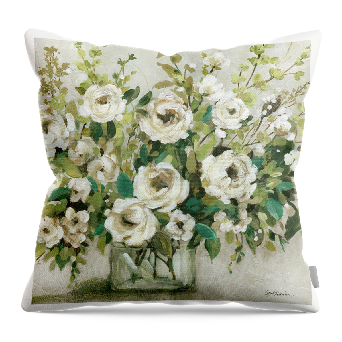 Greens White Roses Glass Vase Textured Floral Throw Pillow featuring the painting Forever Green by Carol Robinson