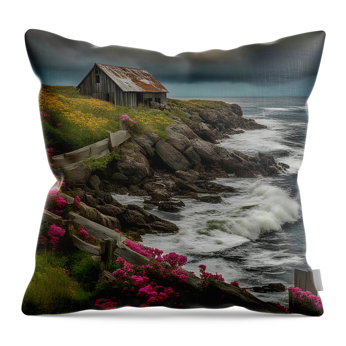 Nature Throw Pillow featuring the digital art Forgotten Beauty - Coastal Barn Amidst the Wildflowers by Russ Harris