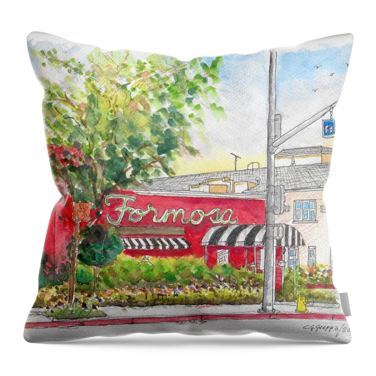 Formosa Cafe Throw Pillow featuring the painting Formosa Cafe in Santa Monica Blvd., Hollywood, California by Carlos G Groppa