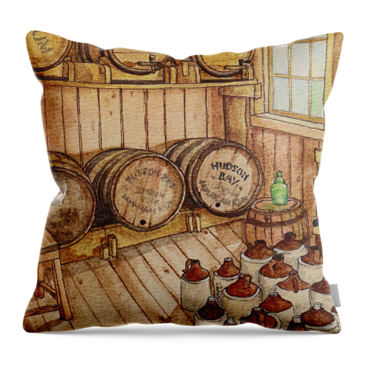Barrels Throw Pillow featuring the painting Fort Edmonton barrels by Lisa Mutch