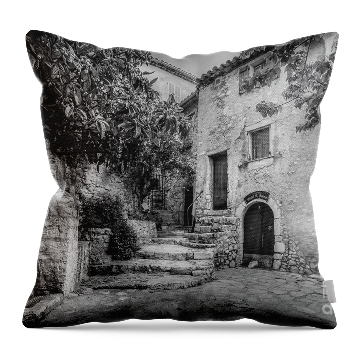 Black And White Throw Pillow featuring the photograph Fountain Courtyard In Eze, France 2, Blk White by Liesl Walsh