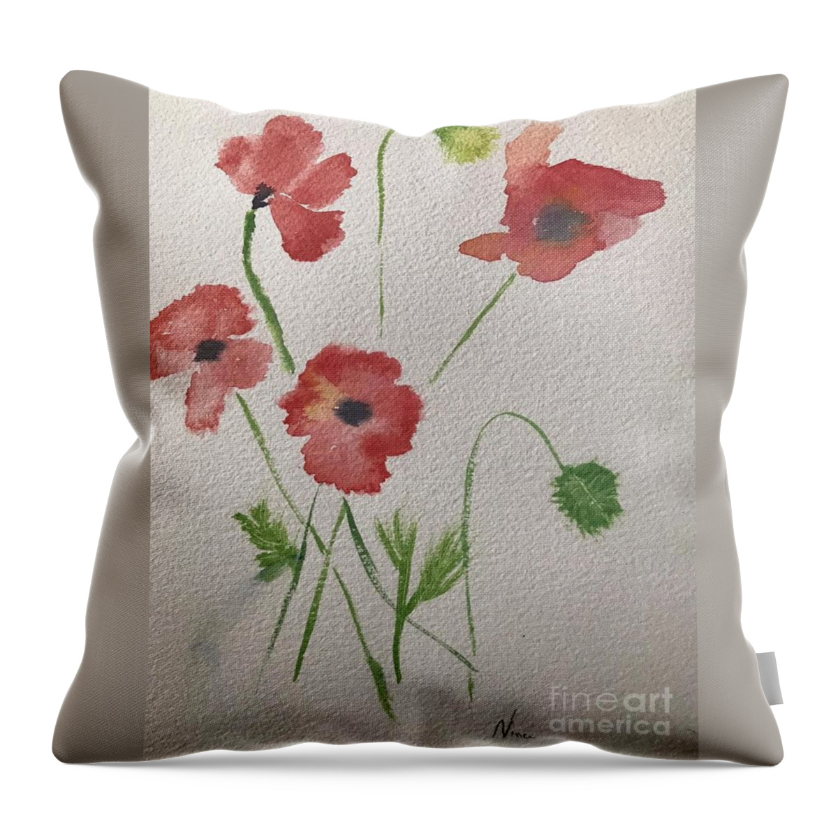 Four Red Poppies Flowers Throw Pillow featuring the painting Four Poppies by Nina Jatania