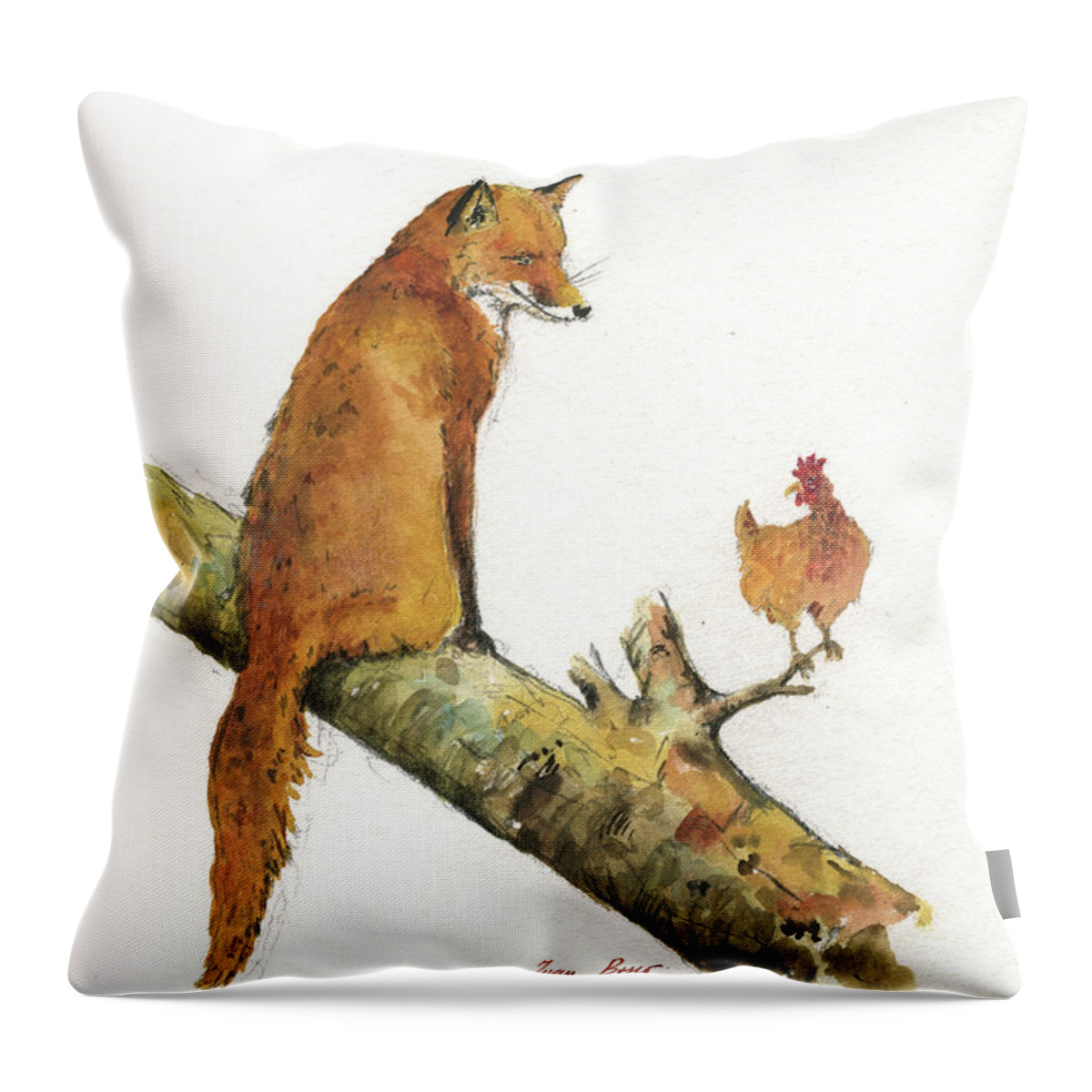 Farm Animals Throw Pillow featuring the painting Fox and hen by Juan Bosco