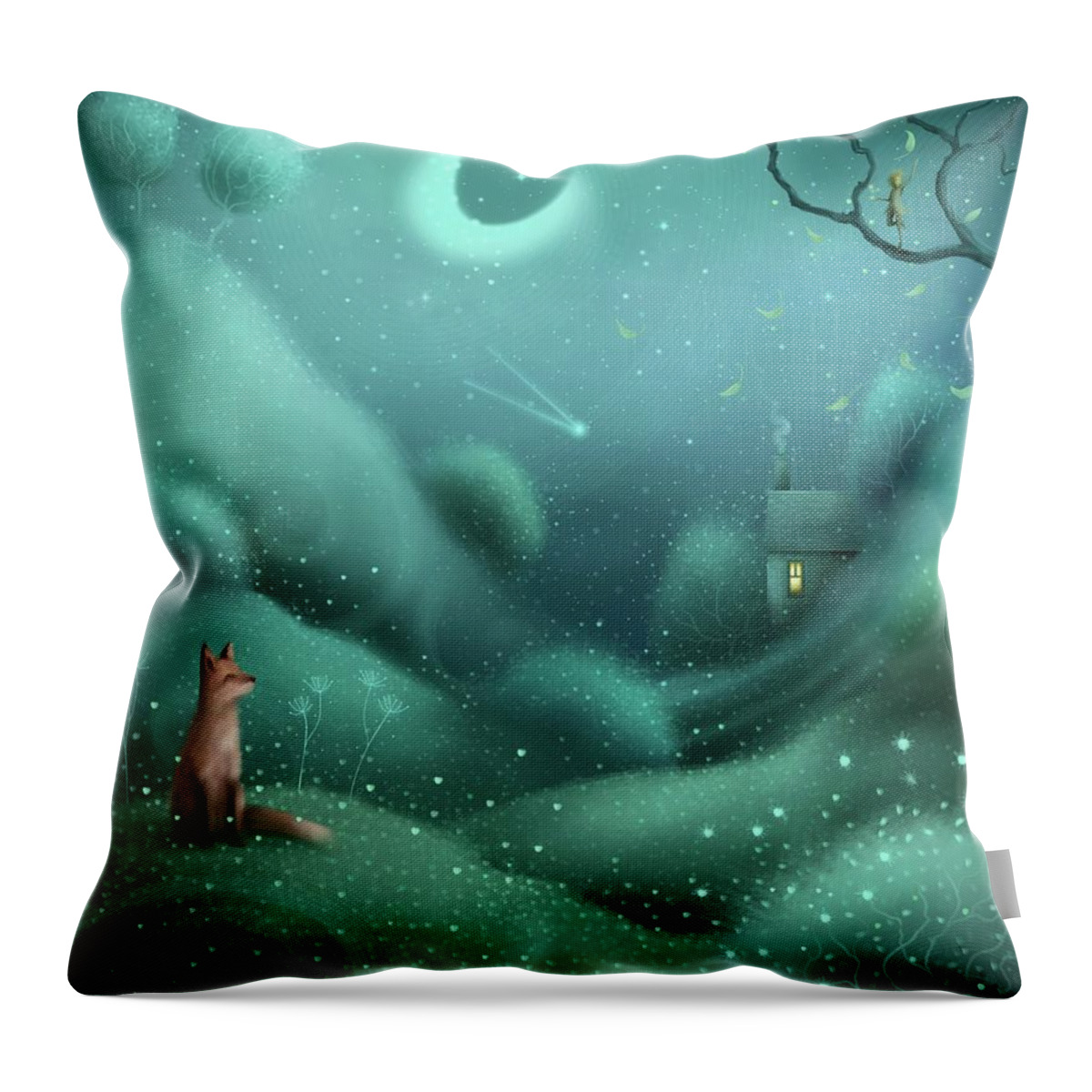 Landscape Throw Pillow featuring the painting Fox, Fairy, Falling Leaves by Joe Gilronan