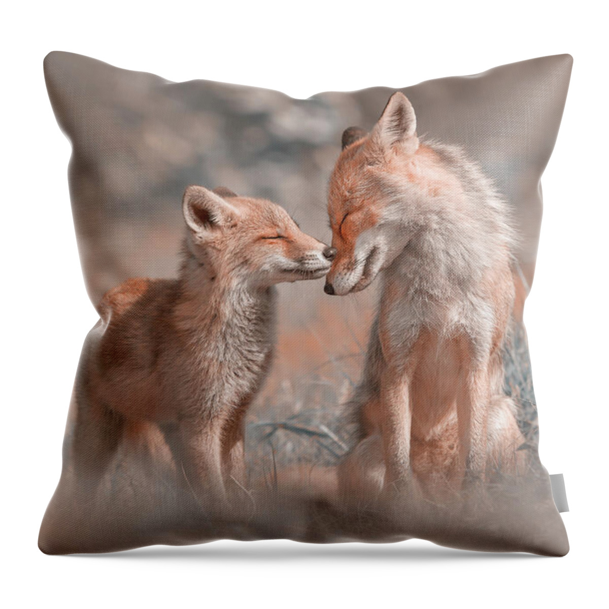 Red Fox Throw Pillow featuring the photograph Fox Felicity - Mother and fox kit showing love and affection by Roeselien Raimond