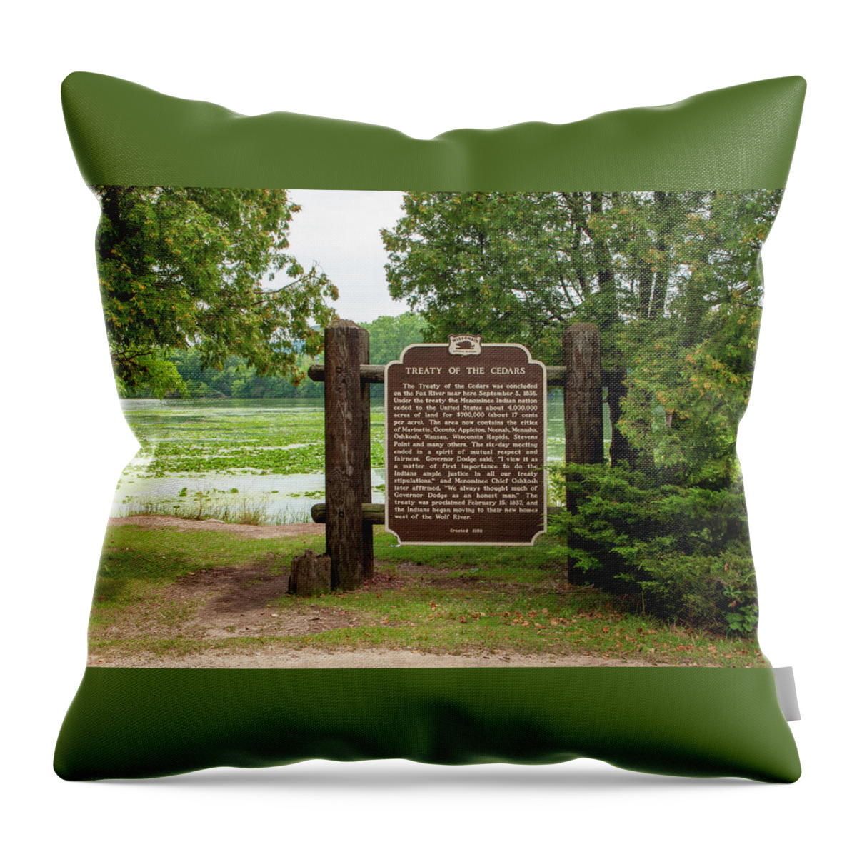 Landscapes; Nature; Treaty Of The Cedars; Treaty Of The Cedars Historical Marker Throw Pillow featuring the photograph Fox River Treaty of The Cedars Historical Marker Little Chute WI by Barbara Smits