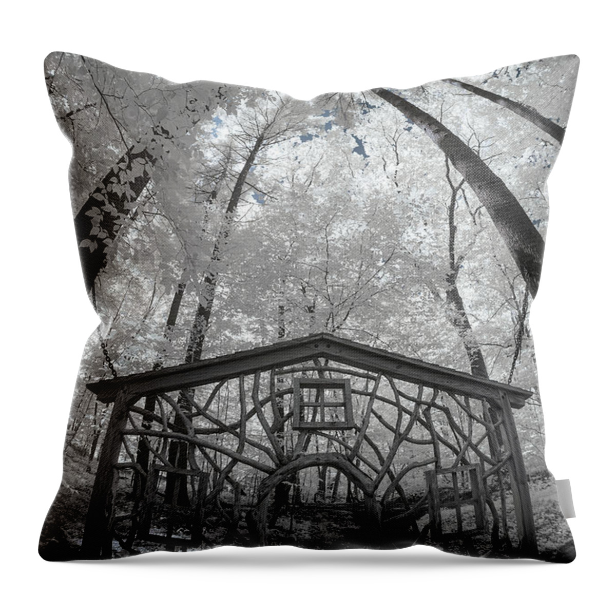 Ma Mass Massachusetts Newengland Usa U.s.a. New England Ir Infrared 720nm Brian Hale Brianhalephoto Fisheye Fish Eye Fish-eye House Frame Art Installation Trees Woods Forest Garden In The Woods Framingham Throw Pillow featuring the photograph Framed In Framingham by Brian Hale