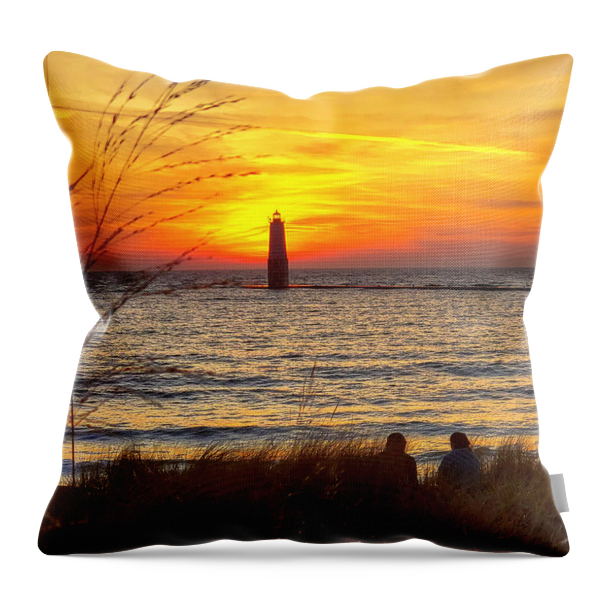 Lighthouse Frankfort Throw Pillow featuring the photograph Frankfort Beach Lighthouse Sunset -2632 by Norris Seward