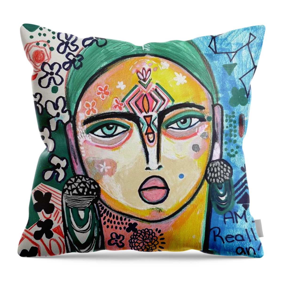 Abstract Face Art Throw Pillow featuring the mixed media Free Spirit Girl by Rosalina Bojadschijew