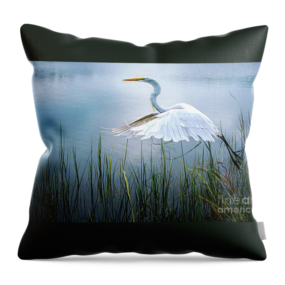Blue Great Egret Throw Pillow featuring the photograph Freedom in Flight by Amy Dundon