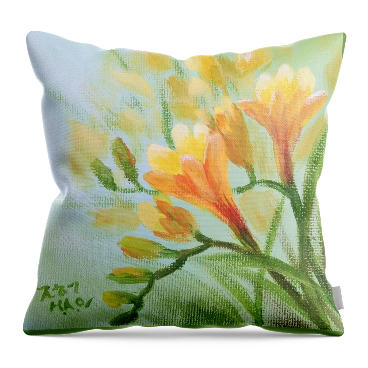 Freesia Throw Pillow featuring the painting Freesia by Helian Cornwell